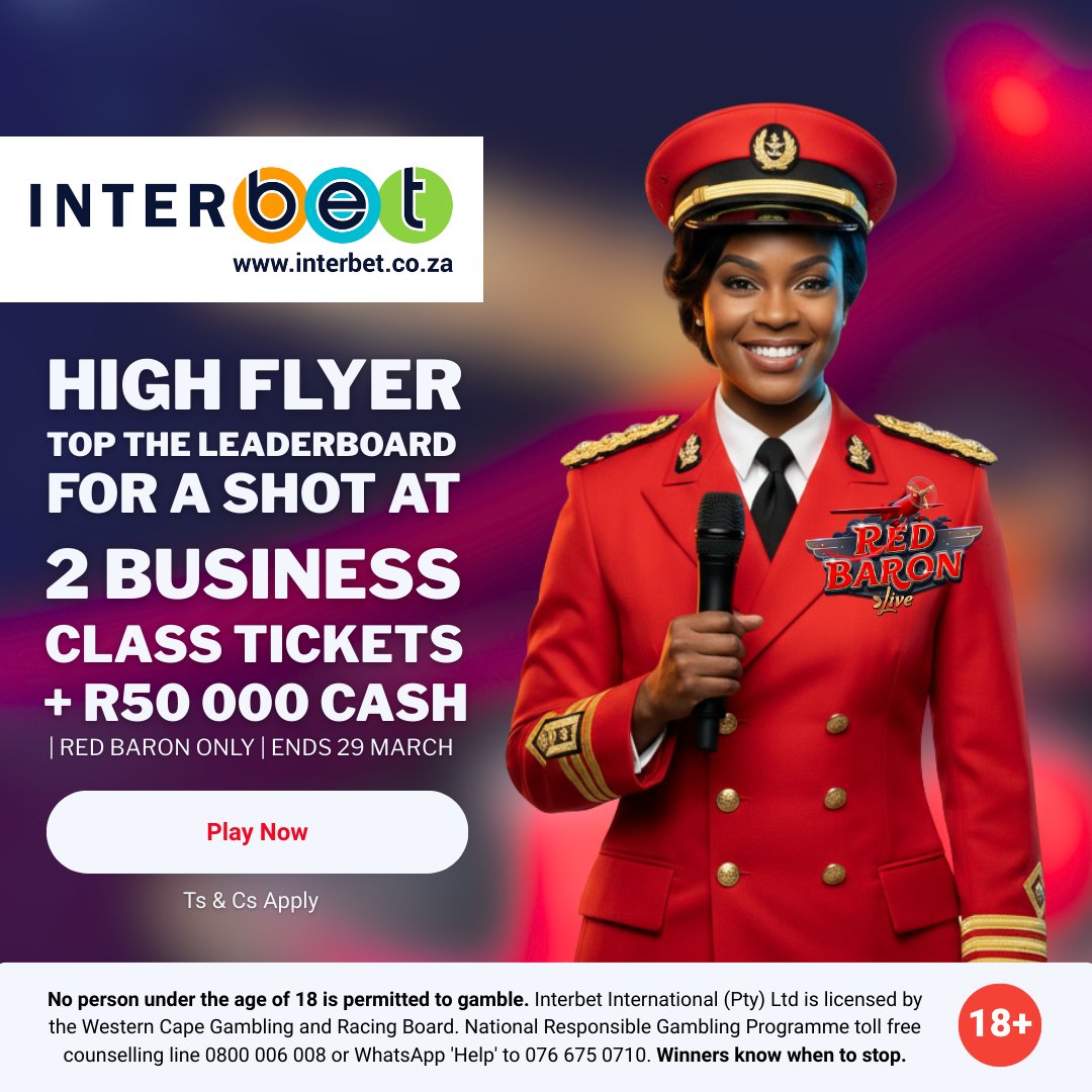 interbet1's tweet image. Red Baron High Flyer Tournament running 1–29 March
🔗 bit.ly/4iPd9cq

Earn the most points to win.
✔ 1 bet (R100+) = 1 point

T’s &amp;amp; C’s Apply
💰 First Deposit Match Spin Bonus up to R1000!
#Interbet #RedBaron #HighFlyer #Tournament #CrashGame