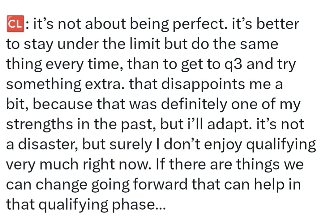 <a href="/F1GuyDan/">Daniel Valente 🏎️</a> Look at what Leclerc says. These cars are holding guys like drivers back in Q. They cant drive the car at the limit, so the rel good qualifiers like CL or Max cant get that extra 2 of 3 thenths anymore.
