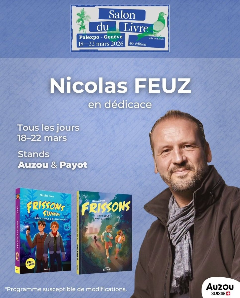 Rendez-vous à Palexpo, du mercredi 18 au dimanche 22 mars, pour le Salon du Livre de Genève. Vous m'y trouverez les 5 jours non-stop, pour des dédicaces et deux conférences sur l'univers du polar-thriller : la première le jeudi à 17h00, la seconde le dimanche à 12h00.