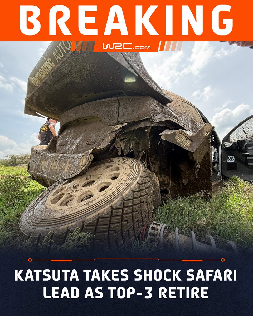 OfficialWRC's tweet photo. Safari Rally Kenya has been turned on its head with rally leader Oliver Solberg and Sébastien Ogier both retiring on the road section to Saturday’s mid-leg service - as Elfyn Evans retired with damage sustained in SS13. Katsuta now leads.

#WRC | #SafariRallyKenya 🇰🇪 https://t.co/aGdIeL5ASG