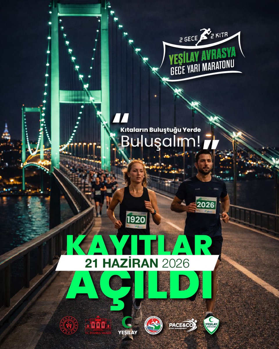 🌙 Yeşilay Avrasya Gece Yarı Maratonu için kayıtlar başladı. 🎉

İki kıtayı birleştiren eşsiz rotada, gecenin enerjisiyle birlikte koşuyor, bağımlılıklara karşı farkındalığı ve sağlıklı yaşamı hep birlikte güçlendiriyoruz.

🗓️21 Haziran 2026 
📍Kayıt ve güzergah hakkında detaylı