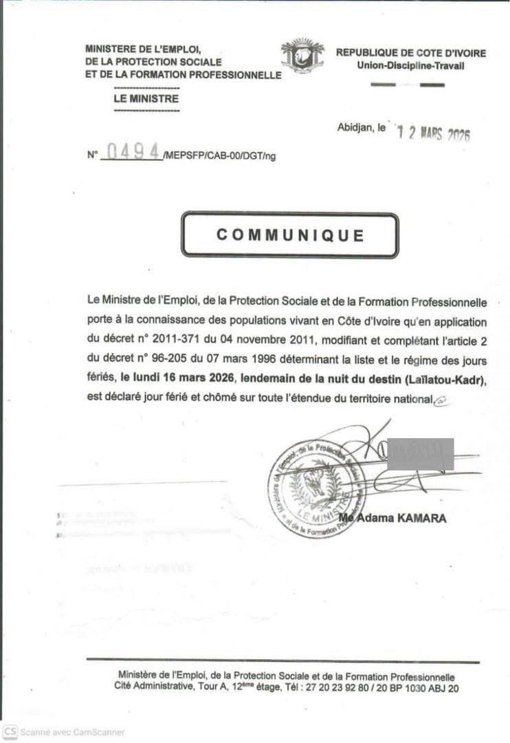 Cotedivoireoff_'s tweet photo. Lundi 16 mars , lendemain de la nuit du destin est déclaré jour férié et chômé https://t.co/MGhreWS8ft