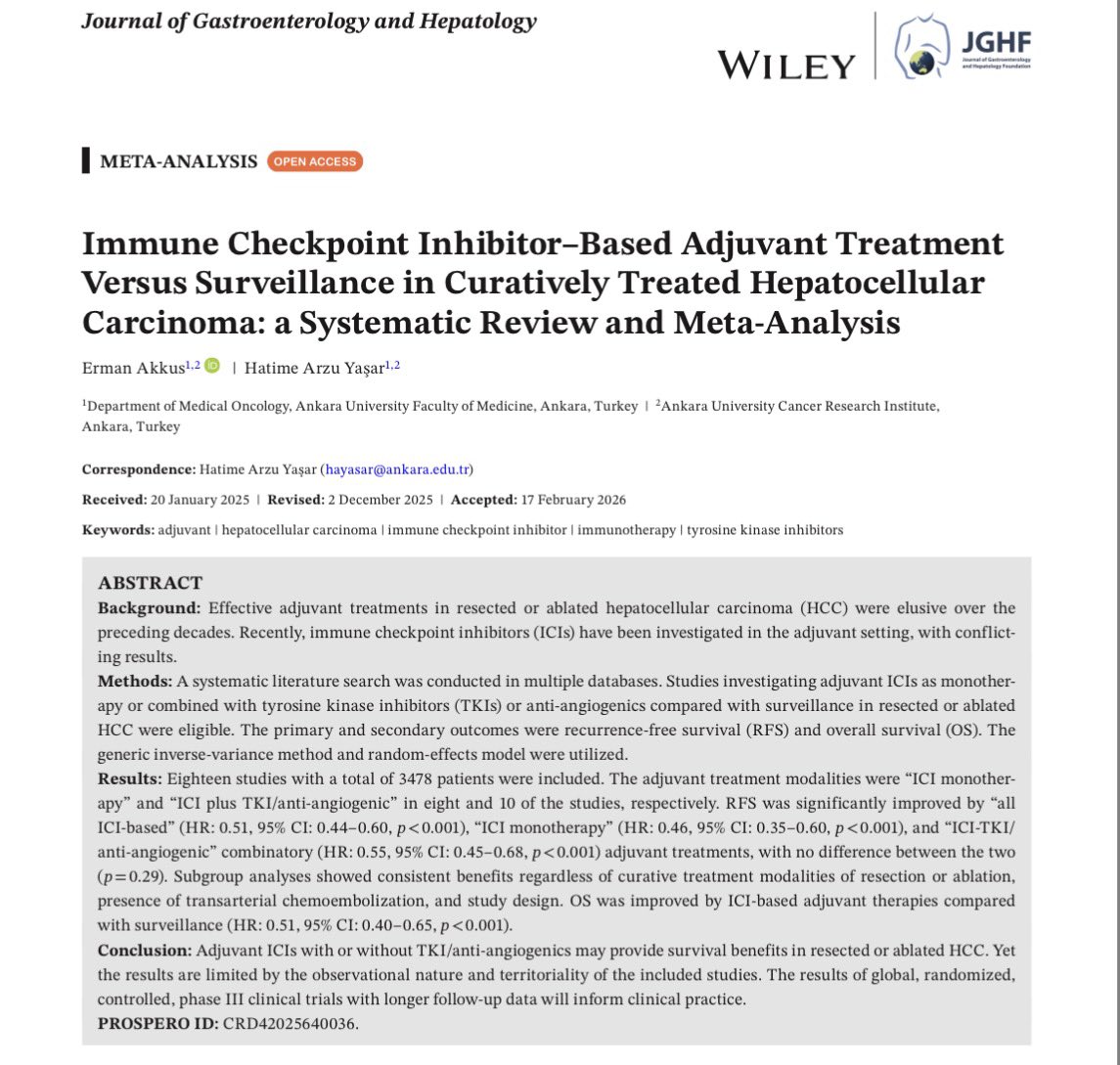 Erman_Akkus's tweet photo. 🟠Is adjuvant IO story over in HCC❓

➡️Our meta-analysis has been published in JGH
✅IO-based adjuvant vs surveillance
RFS, HR: 0.51, (0.44–0.60), p < 0.001
🚨Data is mainly from China and retrospective
✅In line with the recent letter published in JHEP (https://t.co/ZPN0GJtHMr)

❗️Patient selection may be the key 
🤔Do clinical trials reflect the real-life complexity and heterogeneity of HCC?

👉https://t.co/Z4c4DMuRGT

#cancer #oncology #liver #MedX @OncoAlert