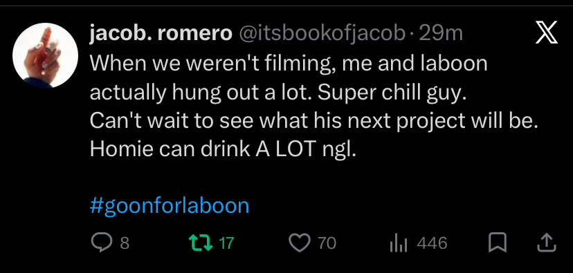 ไม่ชอบ55555555555555555555 พี่เจคอปบอกตอนไม่ถ่ายซีรี่ส์ไปแฮงค์เอาท์กับลาบูนบ่อยมาก ชิลสุด ๆ แถมบอกเพื่อนรักคนนี้ดื่มอย่าง เ ย อ ะ (แหงสิวะเขาตัวเท่าไททานิค) 555555555555555555555555555 

เฮียแกกินอุซปเข้าไปหรือเกิดเปนอุซปฟระ อย่างชอบ 5555555555555555555555