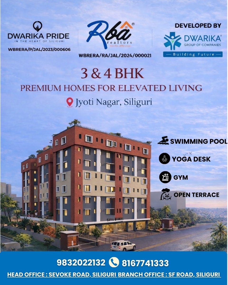 Premium living at Dwarika Pride
3 &amp; 4 BHK Vastu-compliant homes in Jyoti Nagar, Siliguri.
Comfort, connectivity &amp; modern lifestyle all in one place.
Book your site visit today! 📷 9832022132