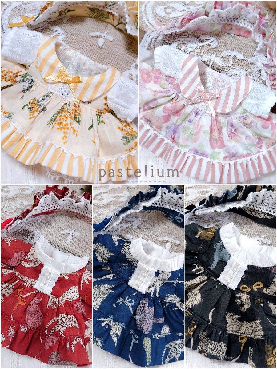 pastelium_doll's tweet photo. 【再販のお知らせ】
ぬいFes06で委託販売しました、10cm無属性ぬい向けお洋服の一部を再制作しました🪡

✤販売日時
3/16(月)21:00～

ワンピース＋ヘッドドレスのセット、各デザイン1〜4点。
こちらの生地での今後の再販予定���ありません🙏
詳細は販売ページ↓をご確認ください💞
#ぬいFes06アフター https://t.co/7HaTF3FGlT