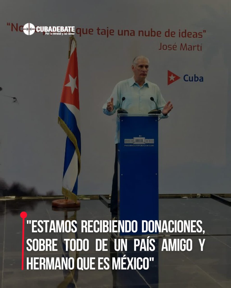 Díaz-Canel agradeció las donaciones de México, destacando la solidaridad de la presidenta Claudia Sheinbaum. 
<a href="/AlexisLorente74/">Alexis Lorente Jiménez</a> 
<a href="/DeivyPrezMartn1/">Deivy Pérez Martín</a> 
<a href="/JL_MarceloP/">Dr. Juan Luis Marcelo Penton</a> 
<a href="/Presi_FEU_UCMSS/">Presi_FEU UCM_ss</a> 
#SanctiSpíritusEnMarcha