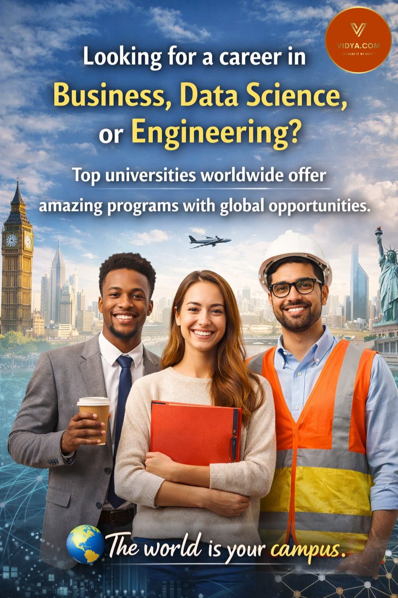 yesvidya_'s tweet image. ✨ Looking for a career in Business, Data Science, or Engineering?
Top universities worldwide offer amazing programs and global opportunities. 🌍🎓
Start your study abroad journey today!

#StudyAbroad #GlobalEducation #StudyOverseas #BusinessStudies #DataScience