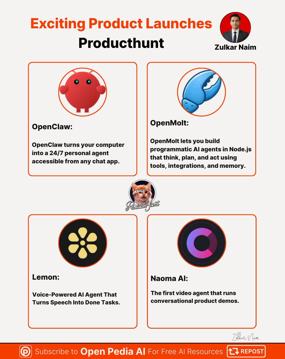 zulkarnaimx's tweet photo. The future is being built right now — and these launches caught my attention.

I’m excited to support products pushing innovation and creativity forward.

Here are 4 launches I proudly supported 👇

🌟 @openclaw
🌟 OpenMolt @ybouane
🌟 @heylemon_ai
🌟 @Naoma_AI

Each one is building something unique and worth exploring.

Which one will you try first? 👀

📢 Sponsorship: https://t.co/g9Bhe1DYtH

All→ Website, Newsletter, Linkedin, X/Twitter

📧 E-mail: itszulkarnaim@gmail.com

🐱 Producthunt Follow Me: https://t.co/2bNBx6fgix

→ Follow for more helpful AI & Tech Insights 🤖

#producthunt  #producthuntlaunch  #AI #tech #launch #buildinpublic
