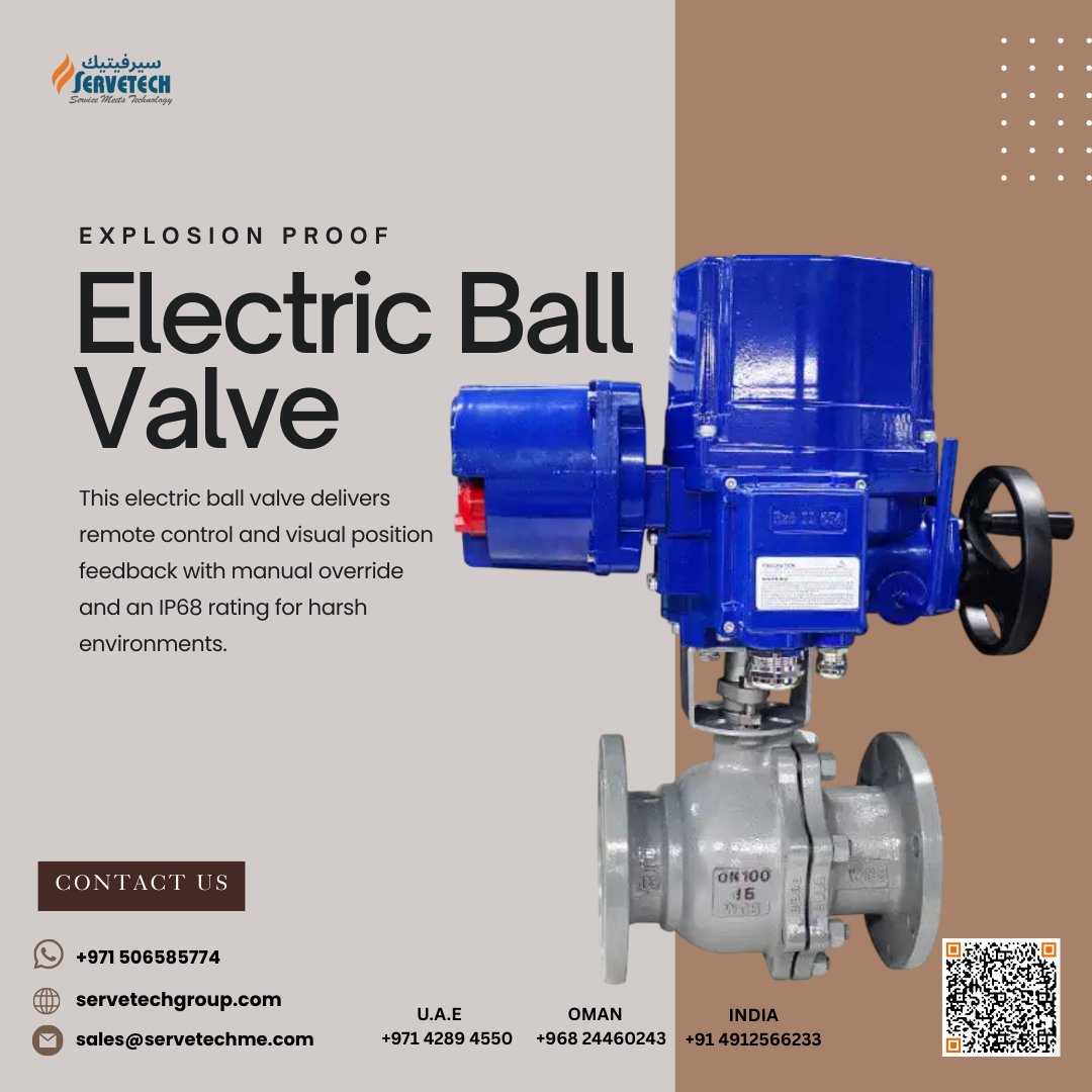 Servetech_'s tweet image. ⚡ Explosion-Proof Electric Ball Valve 
Certified for explosion-proof duty (US / EU / CN) with remote control, visual position feedback, manual override and IP68 protection — flange-ready for easy integration. 🔒⚙️

#ExplosionProof #ElectricValve #Servetech