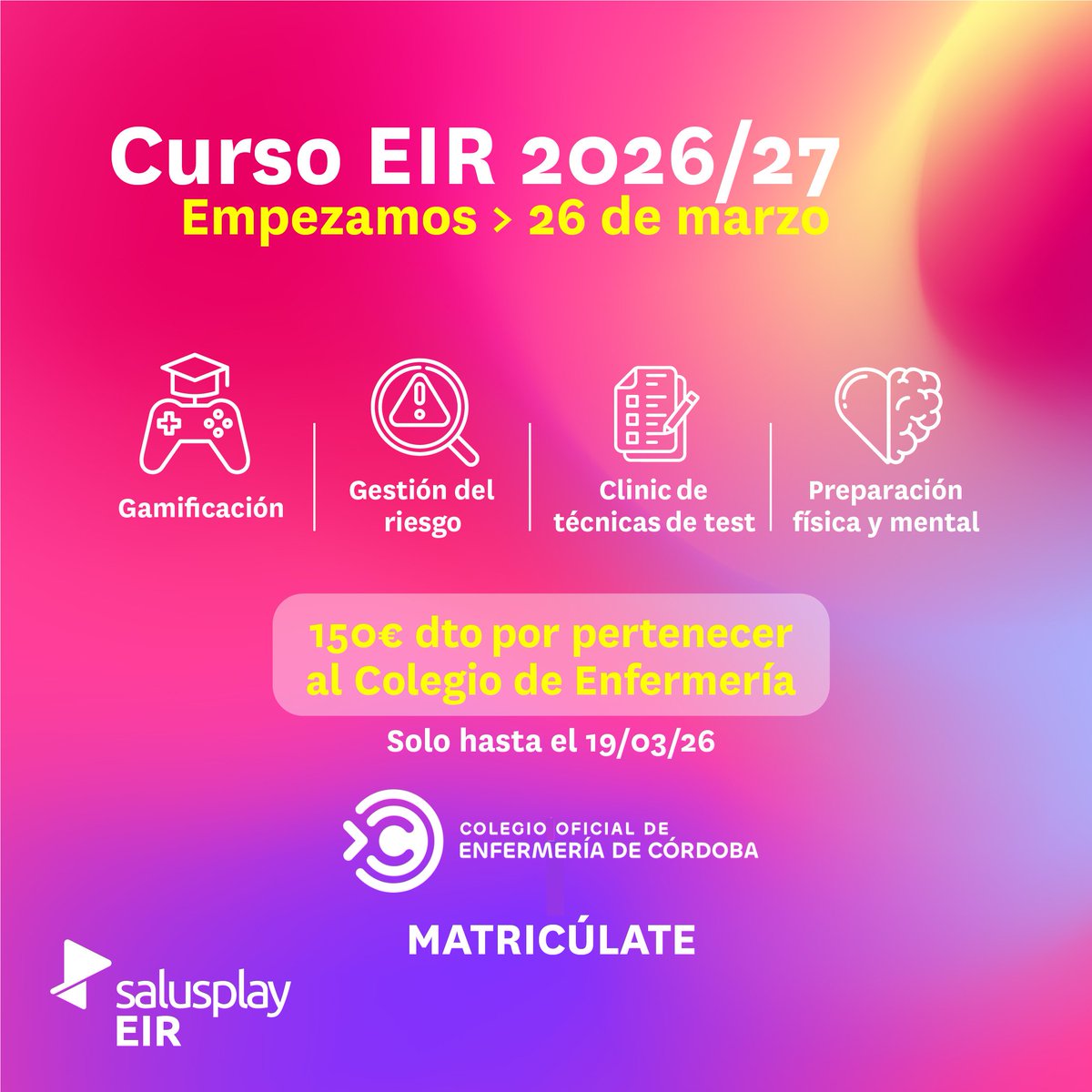 ‼️Si estás en clave #EIR, esto te interesa! El 26 de marzo dará comienzo el Curso online de preparación del EIR 2026-2027 de <a href="/salusplay/">SalusPlay</a> , en el que los colegiados del <a href="/COECordoba/">Colegio de Enfermería de Córdoba</a>  tienen un descuento especial de 150€ en la matrícula. Inscripción aquí👉 salusplay.com/eir/curso-eir