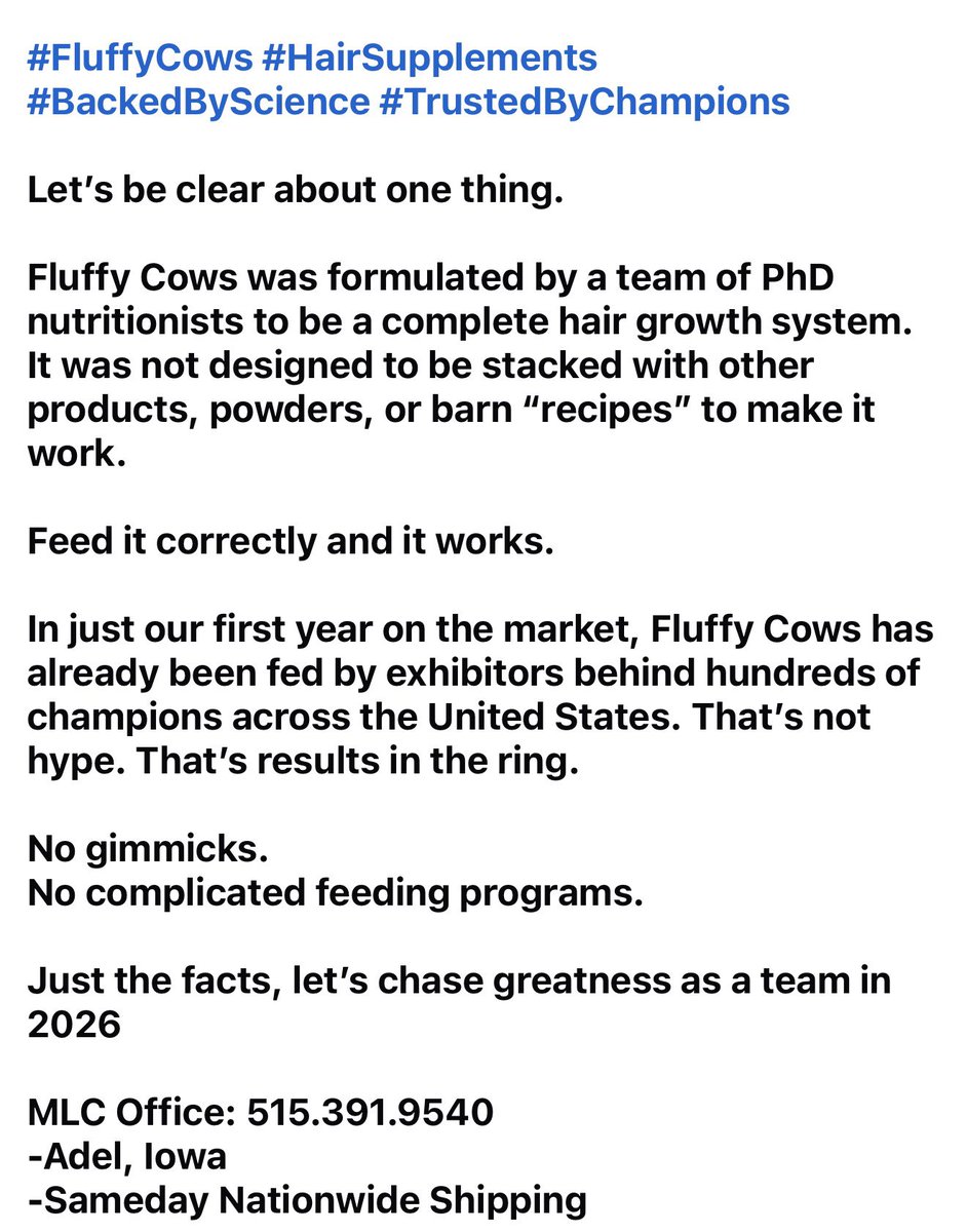 mattlautner's tweet image. #Saturday 

Fluffy Cows Hair Supplements Platinum Show Sposor At Iowa State University “The Classic” Cattle Show Today &amp;amp; Tomorrow In Ames, Iowa

Showbook On Showman App: 
showman.app/public_show_bo… 

#OrderToday 
Call/Text MLC Office @ 515.391.9540 To Order For Nationwide Shipment