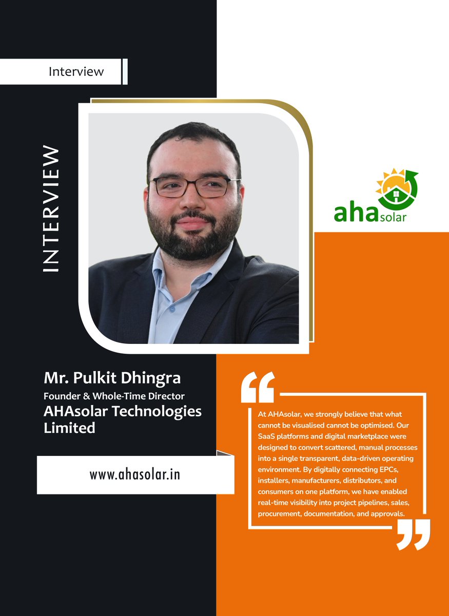 renewablemirror's tweet photo. 🔆 Interview Spotlight | Mr. Pulkit Dhingra, Founder & Whole-Time Director, @AhaSolar Technologies Ltd.
Shares how SaaS platforms are digitizing EPC workflows and accelerating rooftop solar adoption.
🔗Read the full interview: https://t.co/7kOxQIz7Xa
#AHAsolar #RenewablMirror https://t.co/uUznXrPB5i