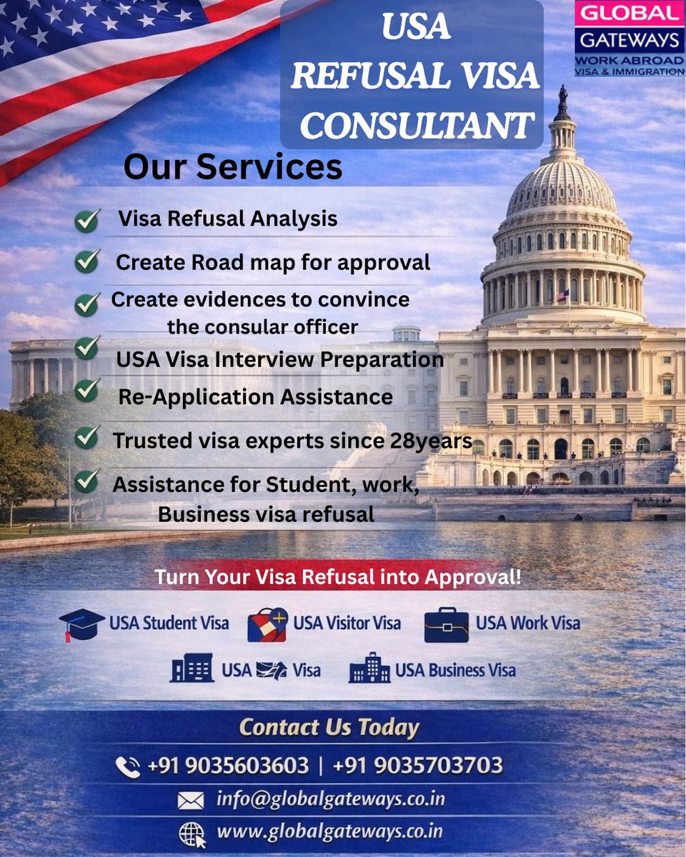 global_gateways's tweet photo. USA Visa Refusal Consultants. GOT YOUR USA VISA REFUSED. Global Gateways analyzes &amp; helps you understand the exact reason of your refusal and prepares your file strongly for re-application. Turn Your Visa Refusal into Approval. Contact Global Gateways. #USAVisa #USAVisaRefusal https://t.co/Cvcv8NVYkV