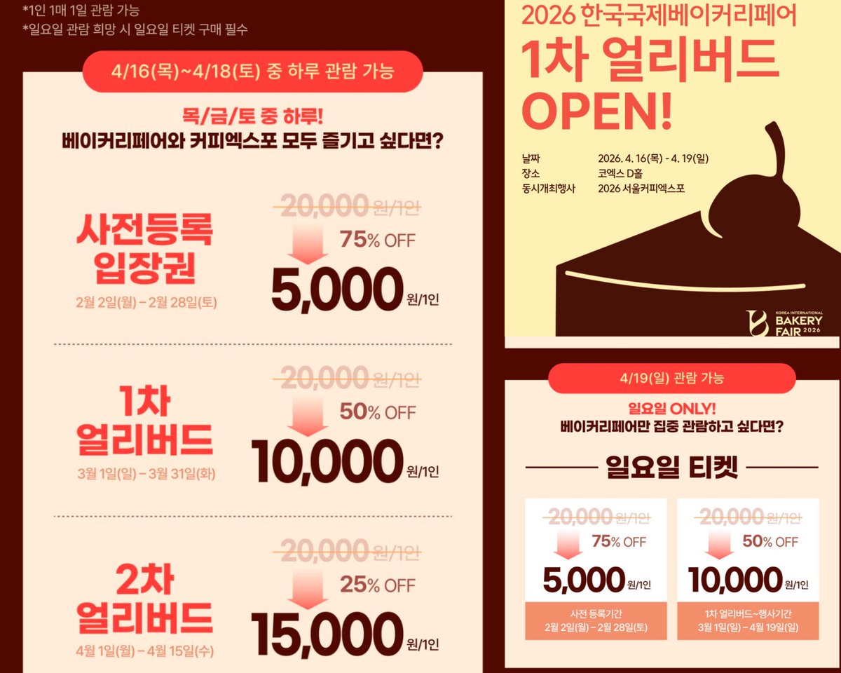 ranunsday's tweet photo. 빵수니 여러분 💸만원으로 전국빵을 맛 볼 수 있는 
🍞🥞한국 국제 베이커리 페어 🥐🥯
1차 얼리버리드 티켓 떴어요

작년에 커피&amp;디저트 엑스포 다녀왔는데 맛있는 거 많고
그때 시음하고 반한 청포도향 커피랑 게이샤 커피도 사 왔는데
이번에도 베이커리랑 커피엑스포라 같이 한대서 고민 중이에요 https://t.co/GbYOc294wH