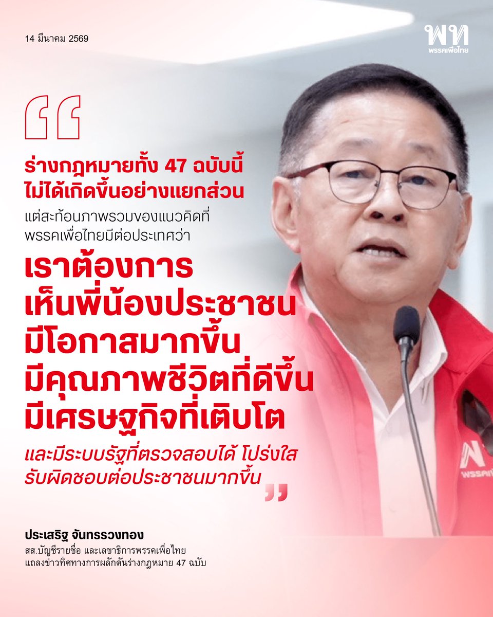 ประเสริฐ จันทรรวงทอง <a href="/Prasertofficial/">ประเสริฐ จันทรรวงทอง</a> สส.บัญชีรายชื่อ และเลขาธิการพรรคเพื่อไทย ร่วมแถลงข่าวทิศทางการผลักดันร่างกฎหมาย 47 ฉบับ โดยเราให้ความสำคัญกับกฎหมายที่เกี่ยวข้องกับการตรวจสอบการทำงานของฝ่ายบริหาร เพราะเชื่อว่าการพัฒนาประเทศจะเกิดขึ้นอย่างยั่งยืนไม่ได้
