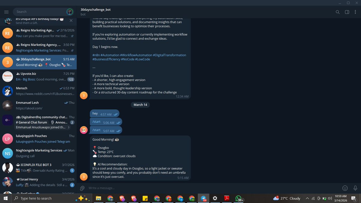 Day 10/30: Why check the weather when your bot can tell you what to wear? 🧥☀️

Built a daily morning briefing in <a href="/n8n/">Nathan Apple</a>:
1️⃣ Trigger: 7:00 AM sharp
2️⃣ Data: Pulls local forecast via OpenWeatherMap
3️⃣ Brain: AI analyzes the temp + sky
4️⃣ Output: Telegram message with a custom outfit
