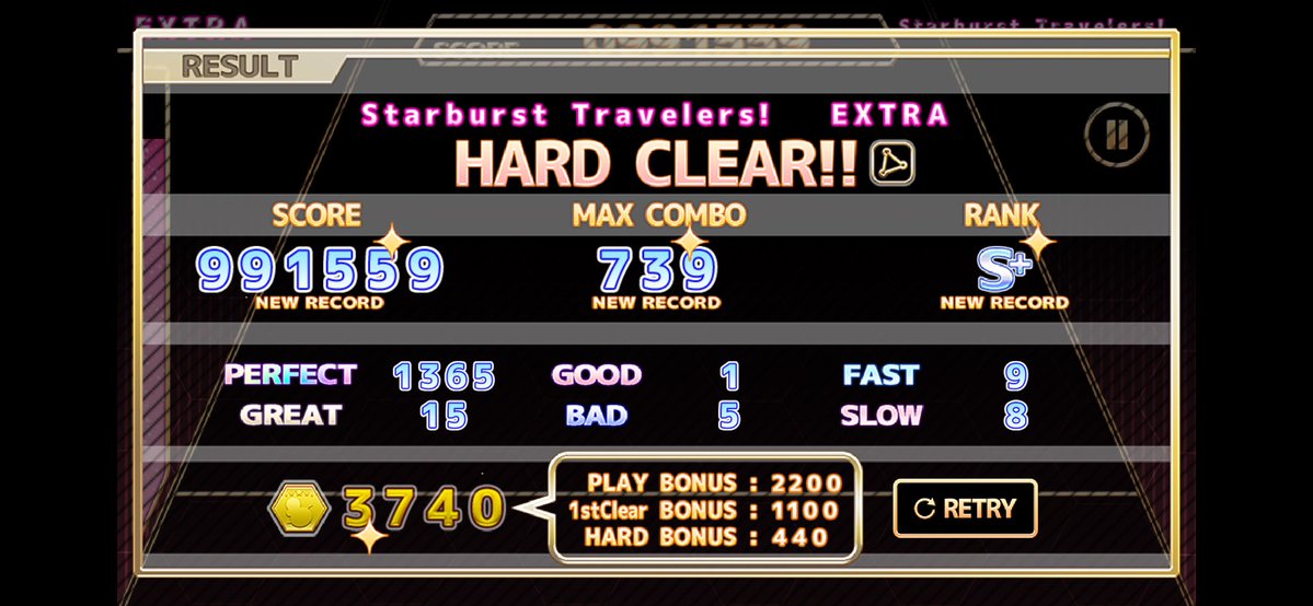 UDddch5p8ovu1Ne's tweet image. 【ChainBeeTをプレイ】
Starburst Travelers! (EXTRA)をHard Clear!!
#ChainBeeT
久々に死ぬ要素のないデカいノーツ地帯に会えた気がする