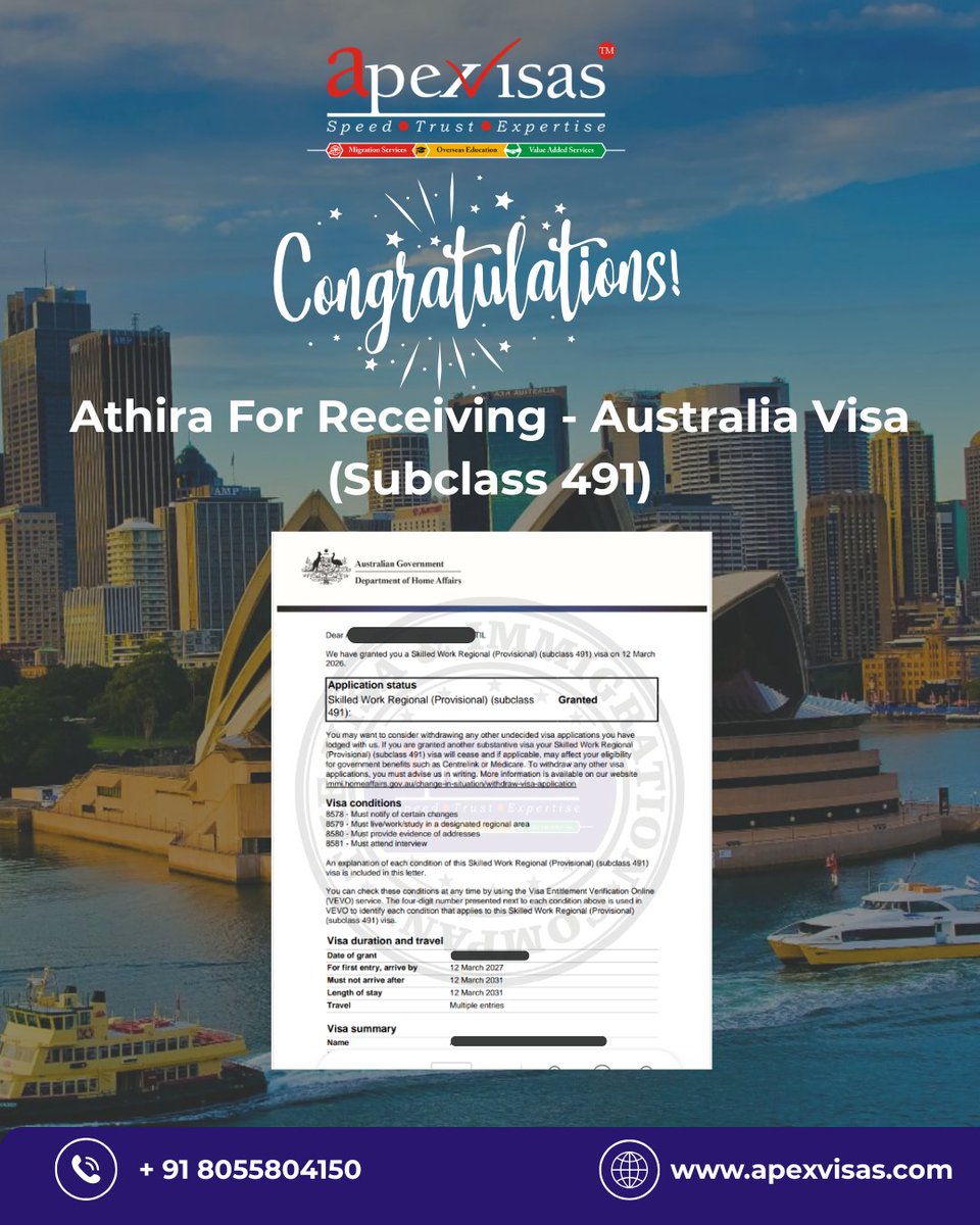 VisasApex's tweet image. 🎉 Congratulations to Athira &amp;amp; Mr. Harish on receiving their Australia Visa (Subclass 491) 🇦🇺

Another successful milestone achieved with Apex Visas.

🌐 apexvisas.com
📞 +91 8055804150

#AustraliaVisa #Subclass491 #VisaSuccess #ApexVisas #SkilledMigration 🇦🇺