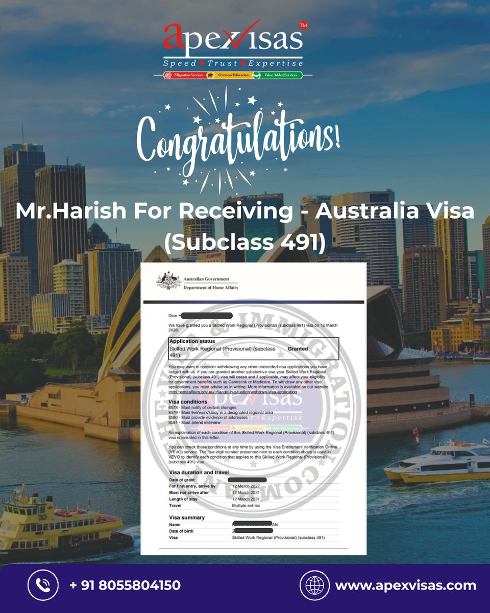 VisasApex's tweet image. 🎉 Congratulations to Athira &amp;amp; Mr. Harish on receiving their Australia Visa (Subclass 491) 🇦🇺

Another successful milestone achieved with Apex Visas.

🌐 apexvisas.com
📞 +91 8055804150

#AustraliaVisa #Subclass491 #VisaSuccess #ApexVisas #SkilledMigration 🇦🇺