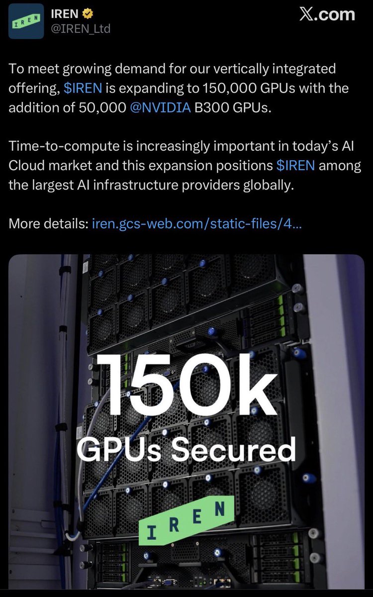 vasilist's tweet photo. $IREN

The @IREN_Ltd disconnect is reaching terminal velocity. 🚨
Mr. Market is obsessing over ATM noise while ignoring a 4.5 GW power monster being built in real-time.
Sweetwater is coming 👀
Childress is scaling 🏗️
The math is undeniable 🚀
Receipts, timelines and the updated base case.

ZERO. DELAYS. RECEIPTS. 🧾

The execution roadmap is already locked. 
If you're trading the daily candles, you're missing the forest for the trees:

 🎯 April 2026: Sweetwater 1 Energization 
(1.4 GW scale start).
 🎯May–Aug 2026: Next Anchor Tenant deal (Hyperscaler/Enterprise).
 🎯Oct–Dec 2026: Childress H1–4 Full Completion + MSFT Revenue Ramp.
 🎯Early 2028: Oklahoma Campus Initial Power Ramp (1.6 GW site).
The machine accelerates. 

The Sweetwater Catalyst
———————————-
1️⃣ Sweetwater 1 Energization — April 2026
This is the "de-risking" moment the bears say won't happen.
 First power flows at the crown-jewel site. 1.4 GW capacity goes from "planned" to "live."
 ✴️ Directly sets the stage for the next major tenant.

The Scaling Proof
————————
2️⃣ The Next Anchor Deal — Q2–Q3 2026
Post-MSFT, the market wants proof of demand.
 ✴️ The Reality: Air-cooled Childress flexibility + Sweetwater readiness makes $IREN the only logical plug-and-play for Tier 1 Enterprise.
 GPU refresh flywheel is active. 🚀

The Revenue Lock
————————-
3️⃣ Childress Completion + MSFT Rev — Q4 2026
This is where the "steady grind" begins.
 ✴️ The Math: First full quarter of Microsoft revenue hits the tape.
 The Shift: ARR visibility locks in. We move from "speculative infra" to "cash-flow fortress."
 No more guessing on margins. 🧾

The Diversification
————————-
4️⃣ Oklahoma Campus Power Ramp — 2028
The play to silence the ERCOT skeptics.
 SPP grid diversification. 1.6 GW site across 2,000 acres.
 The scale is simply too large to ignore. 🌌

The Base Case
——————
Updated Targets (Current Price: ~$41) 📉
End-2026: $102 Base (+145% upside).
$3.4B ARR target on track. 140k GPUs deployed. ATM noise fades in 1–3 weeks as the funding overhang clears.
The platform is 4.5 GW. $IREN are currently utilizing only ~10% of our potential capacity. Let that sink in. 🔥

The Verdict
—————-
Quiet confidence. Just ships. 🚢
These milestones are execution confirmation, not speculation. $IREN remains the cheapest high-quality owned-power name on the screen.
 - 4.5 GW secured.
 - $9.7B backlog.
 - Sub-6% GPU financing.

The $6B ATM? Temporary noise. 
If management delivers on Sweetwater + 1 new tenant in '26,
This dip will be The gift. 🎁

Who’s riding for the long-term compound, or are you shaking out over a 3-week overhang?

Hold or gift? #AI