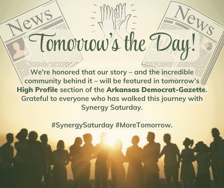 SynergySaturday's tweet photo. Tomorrow is a special day for Synergy Saturday.

We’re honored that our story — and the incredible community behind it — will be featured in tomorrow’s High Profile section of the Arkansas Democrat-Gazette.

Grateful to everyone who has walked this journey with us. More tomorrow. https://t.co/5MDIDHVWtX
