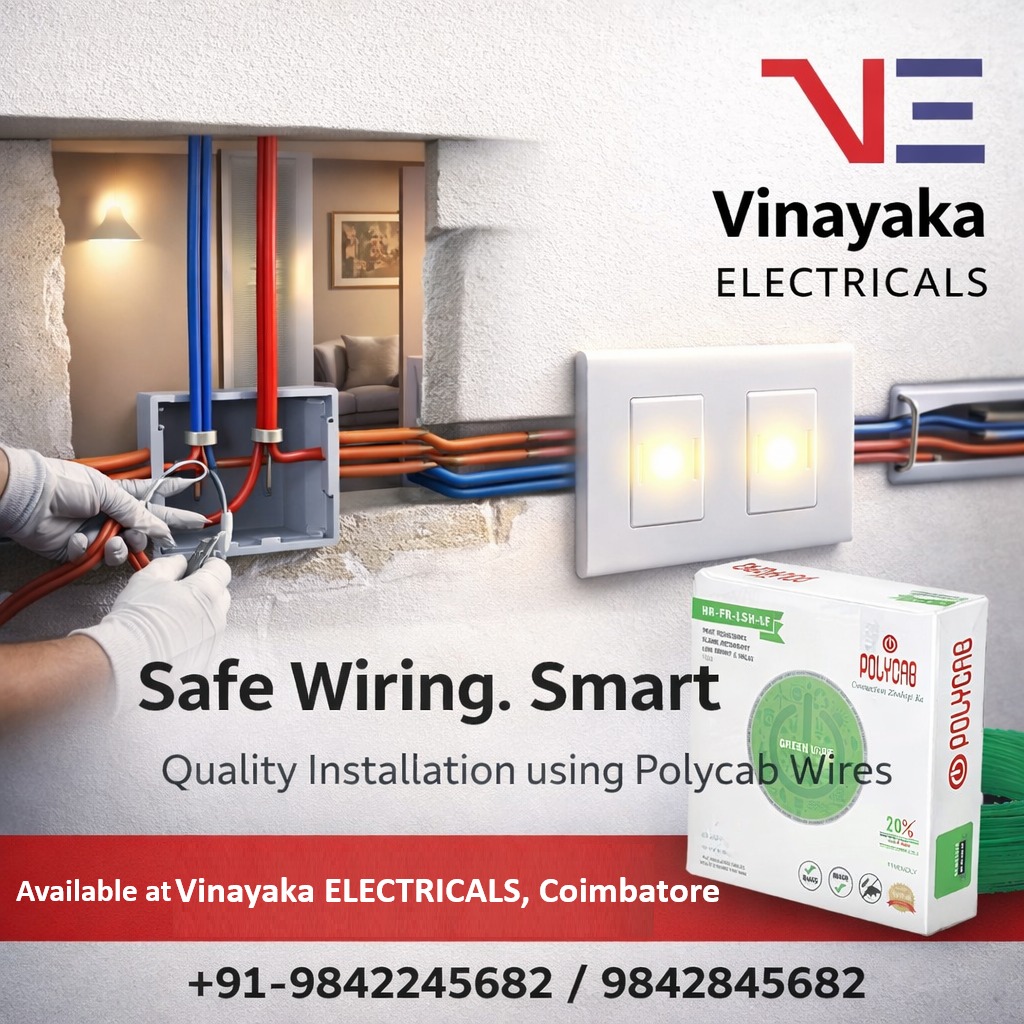 Vinayakaelctric's tweet image. Ensure reliable electrical systems with quality installation using Polycab wires at Vinayaka Electricals, Coimbatore. Built for safety, durability, and long-lasting performance.📞 +91 98422 45682 | 98428 45682 #PolycabWires #ElectricalWiring #ElectricalSafety #SmartElectricals