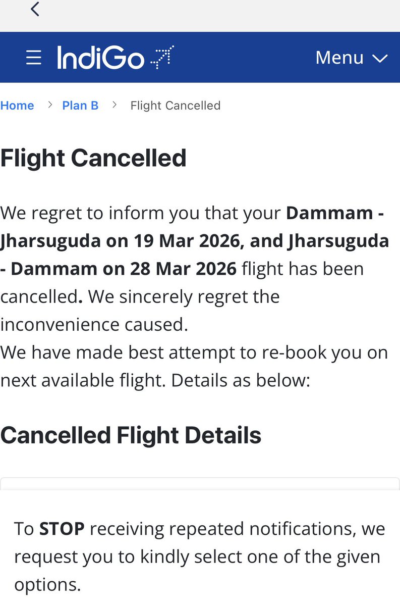 Praveen3069's tweet image. No msg or mail for this cancellation. No plan B. 

One Clarification..
I have a connecting flight from mumbai to Jharsuguda on 19th Morning. If the one flight from dammam to mumbai cancelled, is the connecting also cancelled?
Or can i use that…
#indigo #indigoairline