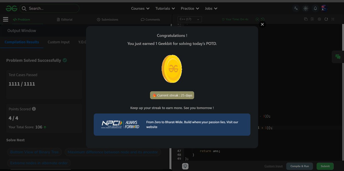 ChikuX22's tweet photo. Day 25 of 60 Days POTD Challenge Powered By NPCI(GFG)

#geekstreak60 #npci
@geeksforgeeks  @NPCI_NPCI https://t.co/vbM91CQzTG