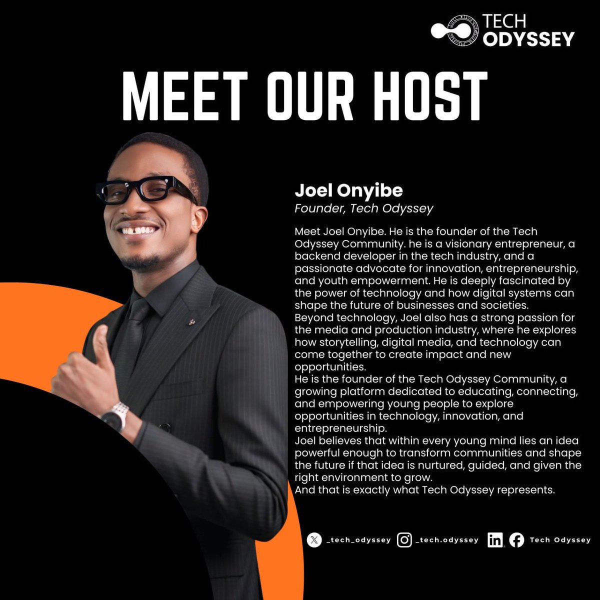 _tech_odyssey's tweet photo. Meet, Joel Onyibe. Founder of Tech Odyssey Community.
A platform empowering young innovators to explore opportunities in technology, innovation, and entrepreneurship.

The future belongs to builders.

#TechOdyssey #StartupAfrica #Innovation https://t.co/ke9Zq1Dec3