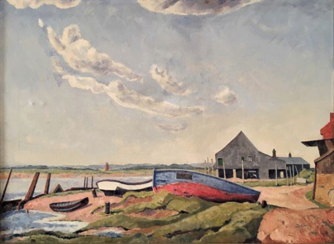 EastLndonGroup's tweet photo. Good morning, John @JohnTizard &amp; thank you. I am in the fortunate position to have a great many images to call upon to display here so, inevitably, some get overlooked from time to time! Here's a good example: "Boatyard, Walberswick" by Harold Steggles from 1935. #HaroldSteggles https://t.co/1axX7L7B1l