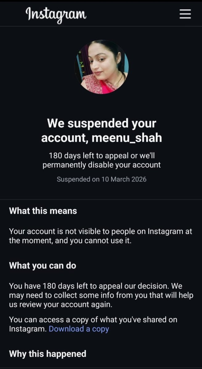MeenuShah13's tweet photo. Dear @Instagram @MetaIndia, my account (Meenu_shah_gaund) was suspended for resharing a viral reel already on your platform. It was unintentional. Please review and restore my ID and linked FB (Meenu Shah). 🙏
#InstagramSupport #MetaHelp #AccountDisabled https://t.co/UJQd8t9CQn