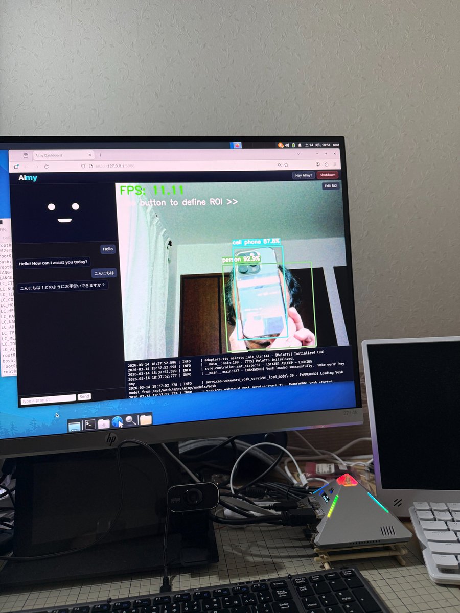 halasun's tweet photo. とりあえずピラミッド+WebcamでもAImyの画面は出せた。 #AIPyramid #M5Stack https://t.co/LkQ68ABjAu