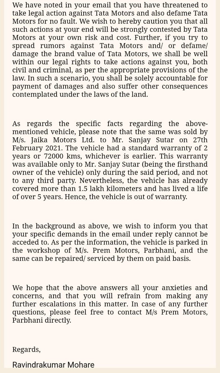 Tukaram112's tweet photo. To clarify, the vehicle is legally registered in my father Mr. Keshavrao Kachgunde's name. I, Tukaram Kachgunde, am his son and authorized representative communicating on his behalf. Your 'privity of contract' excuse is legally hollow & a tactic to ignore a genuine consumer grievance! @TataMotors_CV