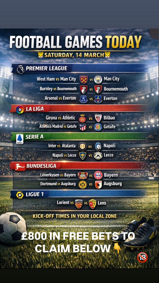 🕒 Today’s Matches: • Everton vs West Ham • Bournemouth vs Sheffield United • Burnley vs Brentford • Fulham vs Tottenham • Luton Town vs Nottingham Forest • Manchester City vs Newcastle

💰 £800 IN FREE BETS TO CLAIM! 💰

👇 CLAIM HERE 🔞
👉 freebets.world/ms23