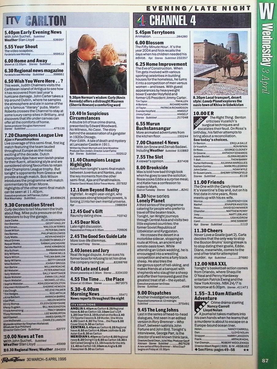 TvDidYouSee's tweet photo. #OnThisDay 3 April 1996 ๐บTV Listings
Curly comforts a distraught Maureen in #CoronationStreet.
Mark has another accident in #Neighbours.
#GordonBurns hosts new game show RELATIVELY SPEAKING.
MODERN TIMES spends a Saturday Night in Leeds.
#AmandaRedman in SILENT WITNESS. https://t.co/VKxHjgbeOD