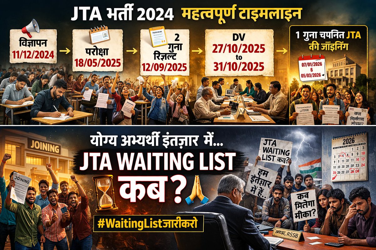 माननीय <a href="/alokrajRSSB/">Alok Raj</a> JTA भर्ती 2024 की पूरी ज्वाइनिंग प्रक्रिया 5 मार्च 2026 को समाप्त हो चुकी है। अब योग्य उम्मीदवार वेटिंग लिस्ट का बेसब्री से इंतज़ार कर रहे हैं।

परीक्षा: 18/05/25
 परिणाम : 12/09/25
 DV: 27/10/25 - 31/10/25
ज्वाइनिंग: 07/01/26 - 05/03/26
Waiting list : ??