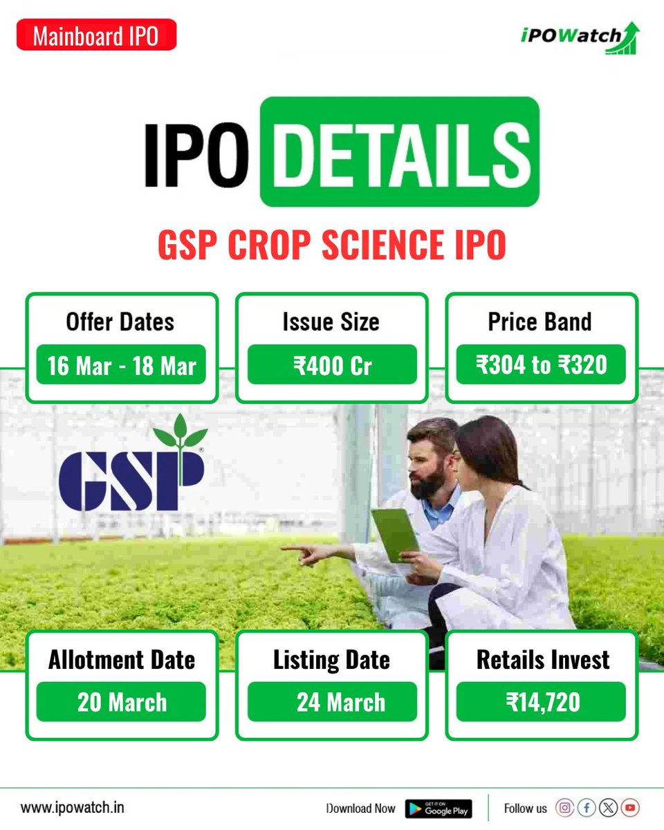 ipowatch_info's tweet image. Mainboard IPO

GSP Crop Science IPO

Date:16-18March., 2025
Size: ₹400 Cr Approx
Price : ₹304 to ₹320
Lot:46 Shares

#ipoupdates #ipodetails #gspcropscienceipo
