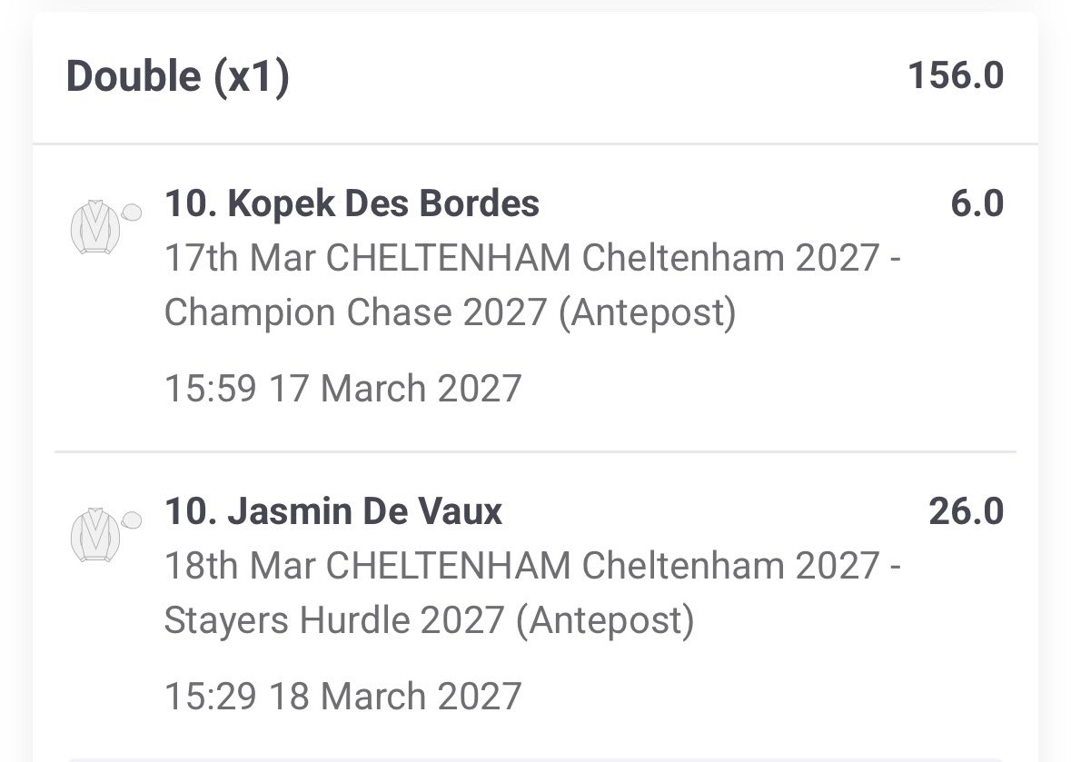 MHiggins90's tweet photo. First Antepost bet placed for Cheltenham 2027. 🐴 #Cheltenham https://t.co/Kk0c8QFwuY