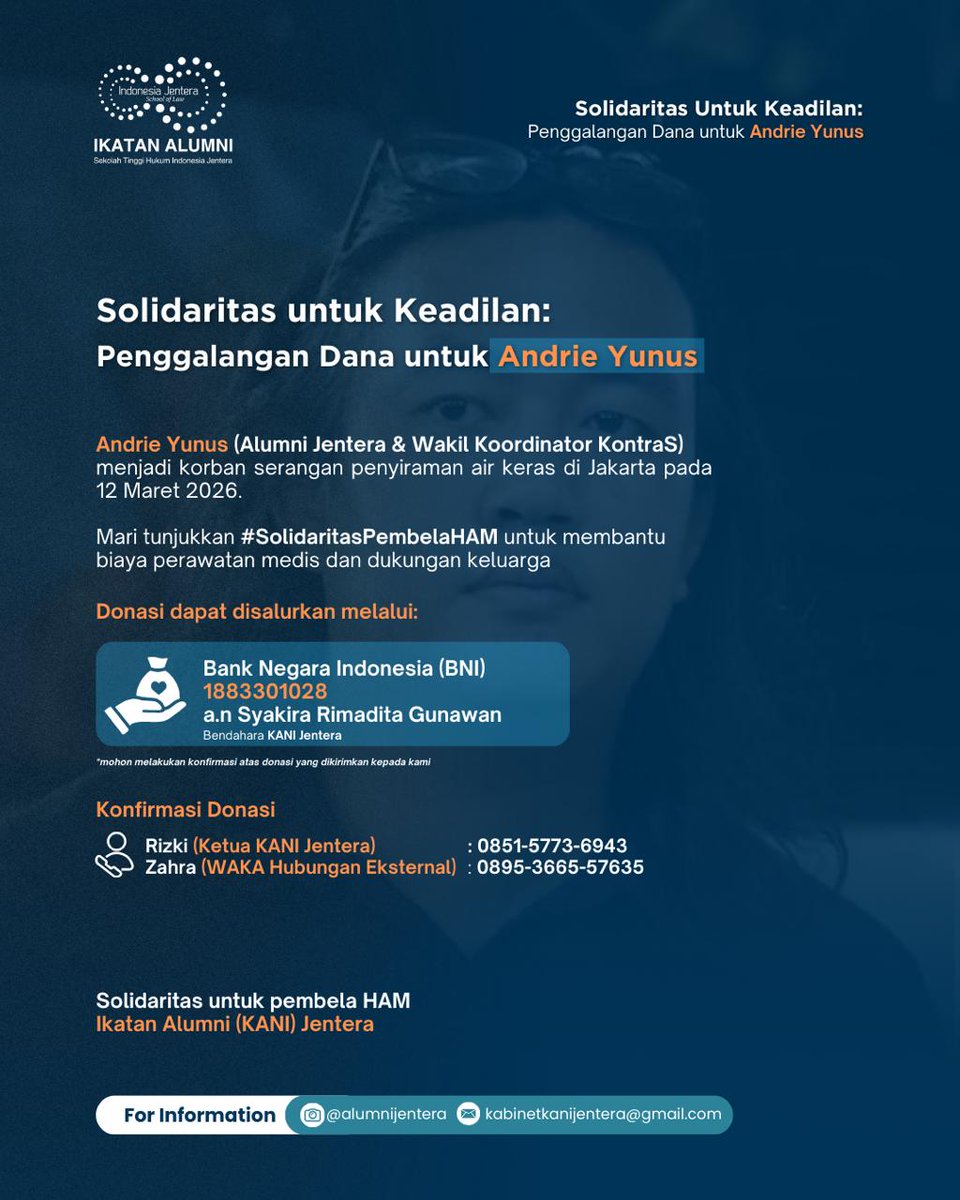 Ikatan Alumni Jentera (KANI) melakukan penggalangan dana untuk Andrie Yunus sesama kawan yang menjadi korban penyiraman air keras. 

Silakan untuk yang ingin memberikan dukungan untuk Andrie Yunus. Buat teman-teman alumni <a href="/jentera/">Sekolah Tinggi Hukum Indonesia Jentera</a>, terima kasih untuk bertumbuh melawan.