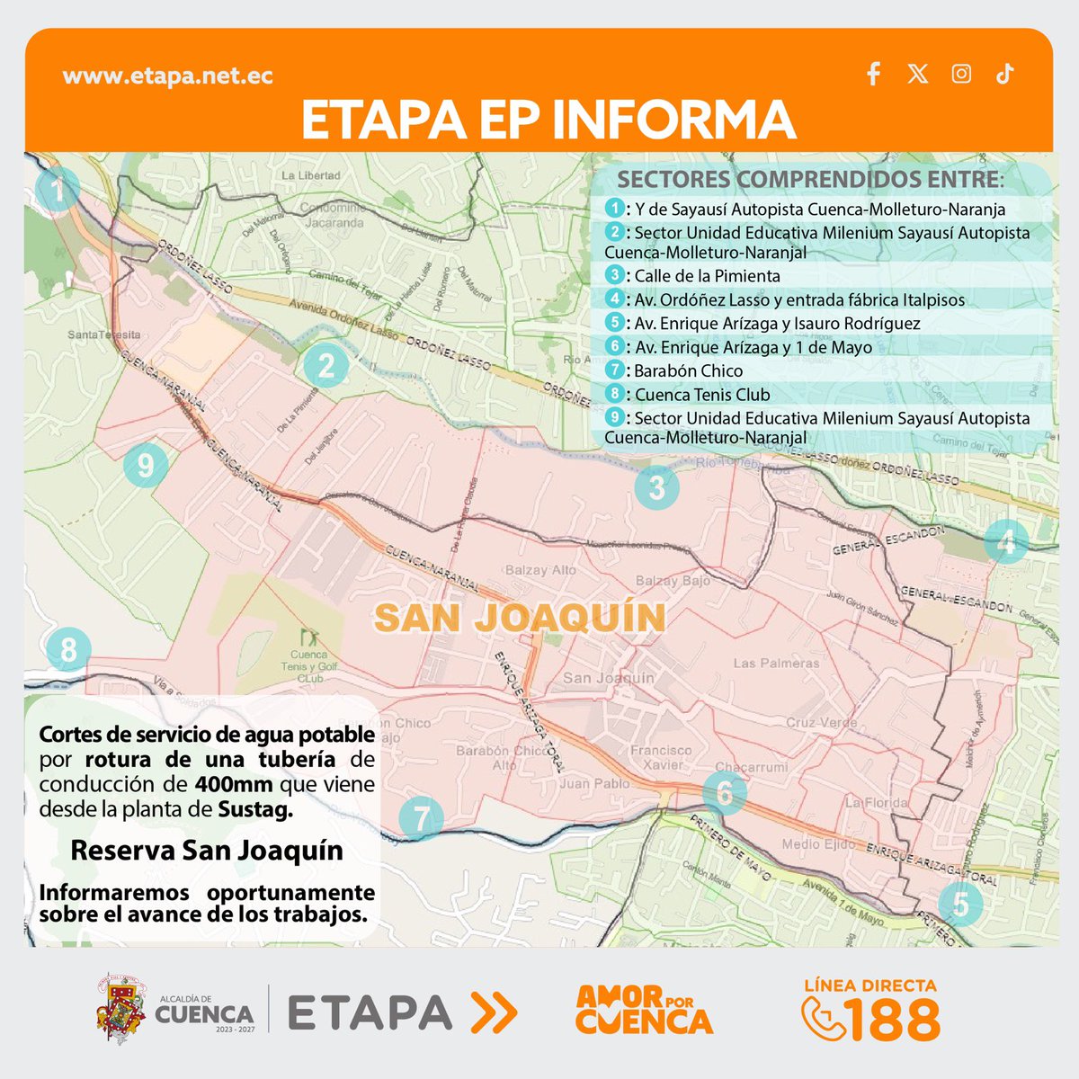 ETAPAOficial's tweet photo. 🚨💧 #Atención | Debido a la rotura de la tubería que conduce agua potable desde la planta de Sustag, se registra falta de servicio en los sectores abastecidos por las reservas de:

• Pinchisana 1
• Pinchisana 2
• San Miguel
• San Joaquín
• Huizhil

👷‍♂️ Desde las primeras horas de este sábado, personal técnico de ETAPA ejecuta trabajos de reparación para restablecer el sistema lo antes posible.

📞 Ante novedades en los servicios, comuníquese al 188.

@czamoramatute 
@MunicipioCuenca