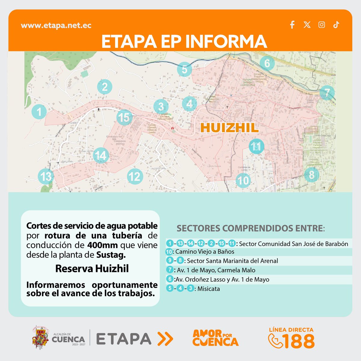 ETAPAOficial's tweet photo. 🚨💧 #Atención | Debido a la rotura de la tubería que conduce agua potable desde la planta de Sustag, se registra falta de servicio en los sectores abastecidos por las reservas de:

• Pinchisana 1
• Pinchisana 2
• San Miguel
• San Joaquín
• Huizhil

👷‍♂️ Desde las primeras horas de este sábado, personal técnico de ETAPA ejecuta trabajos de reparación para restablecer el sistema lo antes posible.

📞 Ante novedades en los servicios, comuníquese al 188.

@czamoramatute 
@MunicipioCuenca