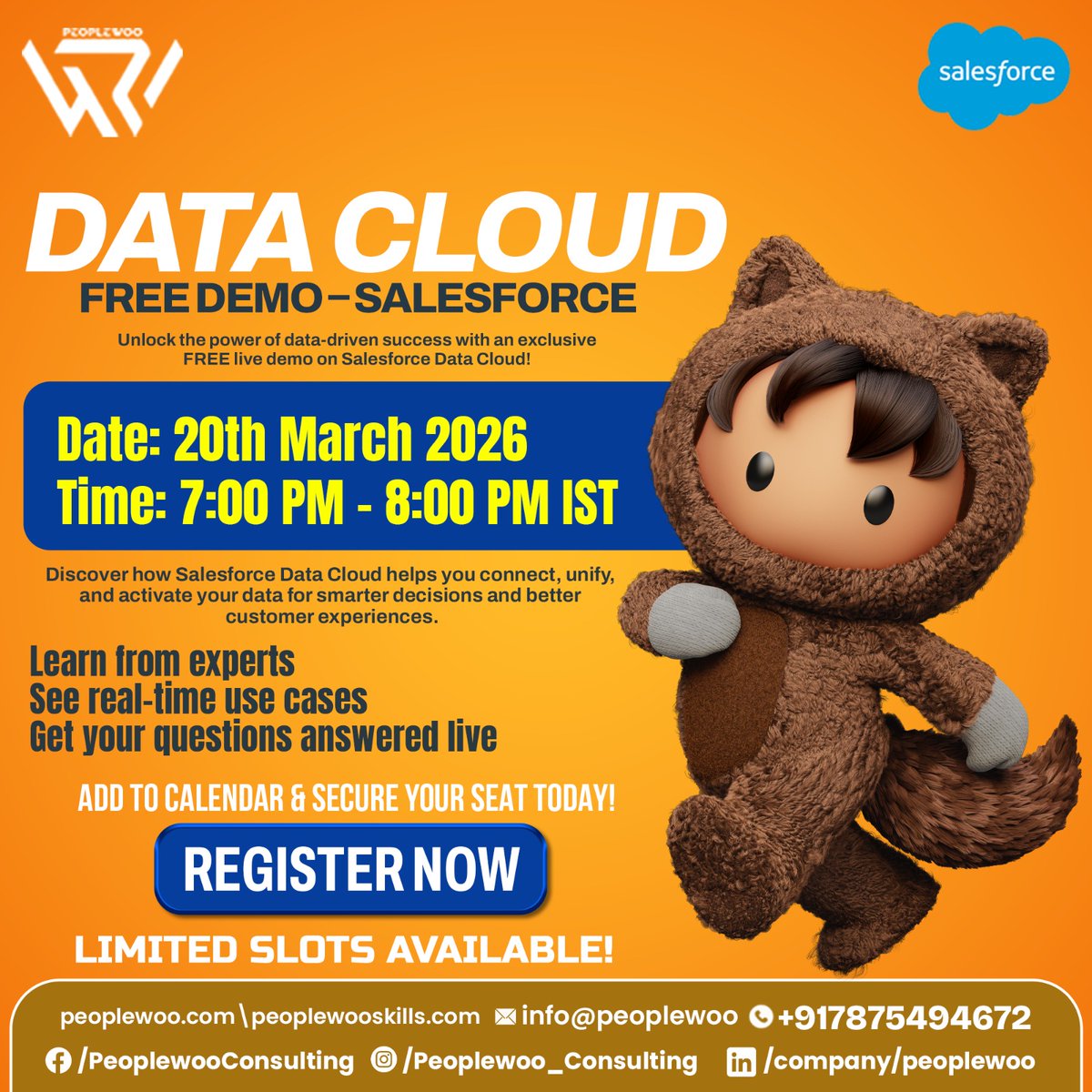 Peoplewoocon's tweet image. Register Now: zurl.co/Xmflh 

Visit Us:  zurl.co/XRqO9 

#Salesforce #DataCloud #Customer360 #CDP #PeoplewooSkills #LiveDemo #CareerGrowth