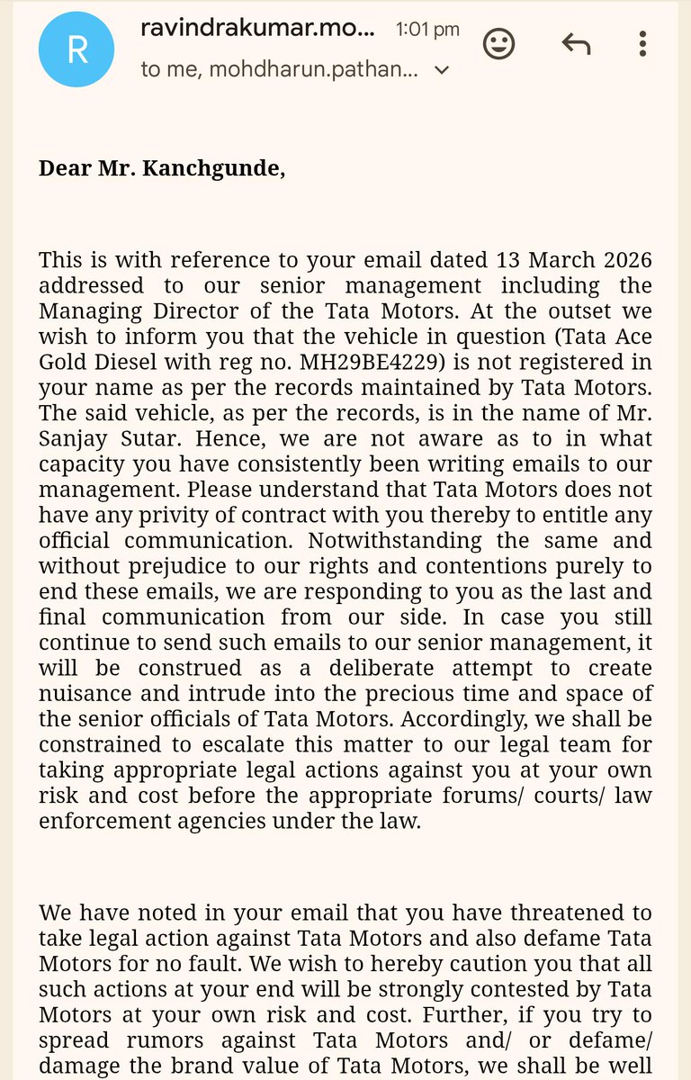 Tukaram112's tweet photo. @TataMotorsCV @TataCompanies Stop giving these fake commitments! I have received such 'under process' replies for months while my vehicle MH29BE4229 is dead at the workshop.

Also, to clarify your RSM's threat: The vehicle is registered in my father Mr. Keshavrao Kachgunde's name, and I am his son & authorized representative. Legal rights transfer with the vehicle; your 'privity of contract' excuse won't stand in Consumer Court. Give a concrete timeline or replace the ENGINE & SILENCER now! @TataMotors @GirishWagh_CV

#RatanTata
#TataGroup
#ConnectingAspirations
#JagoGrahakJago
#ConsumerRights
#NitinGadkari 
#MORTH
#PMOIndia
#ConsumerCourt
#ManufacturingDefect
#ConsumerHarassment
#BS6Issues
#DPFProblem
#FarmersJustice
#Maharashtra