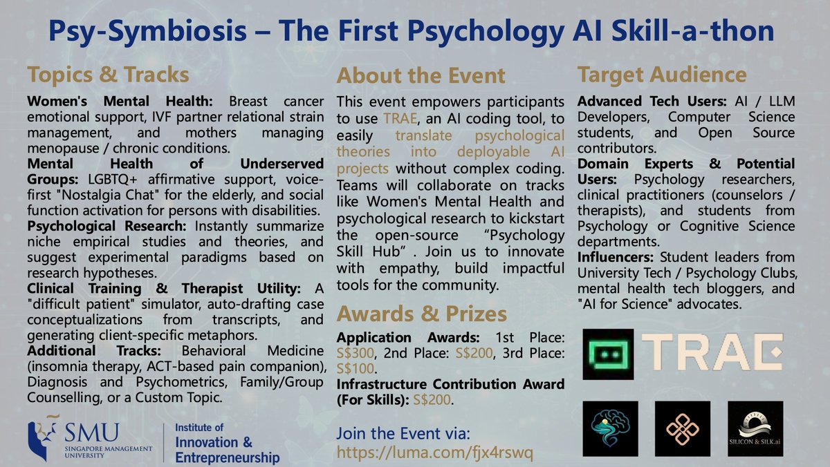 KinaMind's tweet photo. Ready to give AI a soul? 🤖🧠
Join Psy-Symbiosis, the 1st Psychology AI Skill-a-thon by KinaMind! Build empathetic AI agents using TRAE—no complex coding needed. 🧬
🗓️ Mar 21, 2026 | 📍 SMU Singapore
Grab your spot today! 👇 🔗 https://t.co/SAcTRxePgI
#machinepsychology #TRAE https://t.co/wZdKeRafZA