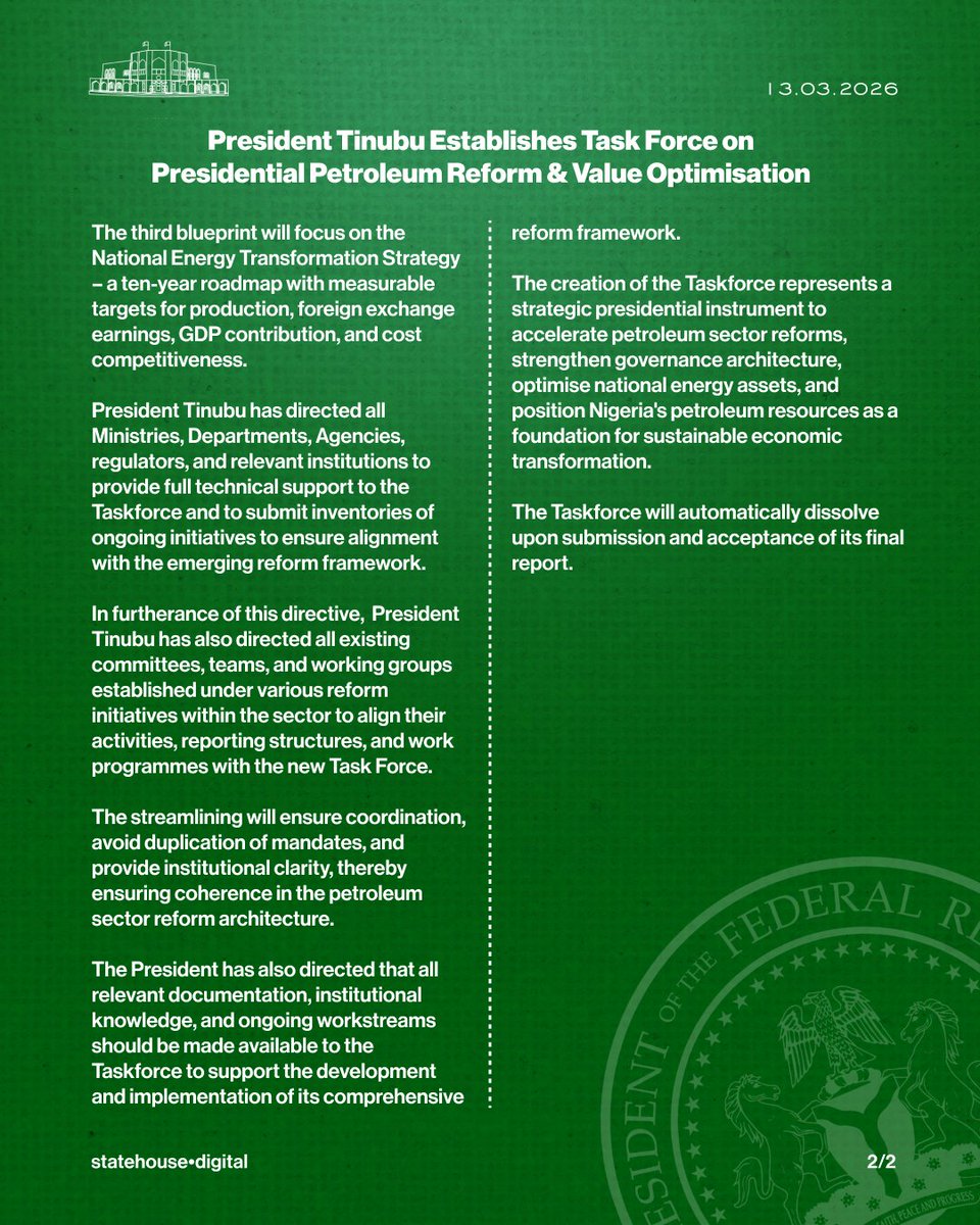 President Tinubu Establishes Task Force on Presidential Petroleum Reform &amp; Value Optimisation.

<a href="/asovilladigital/">State House Abuja, Nigeria</a>