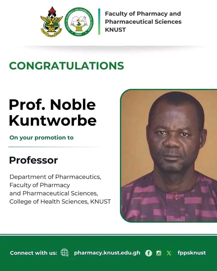 kassalumni's tweet photo. Congratulations to Osuani Prof. Noble Kuntworbe, Class of 1992 on your promotion to Professor at the Department of Pharmaceutics, Faculty of Pharmacy and Pharmaceutical Sciences, College of Heath Sciences, KNUST.
#Disciples #NoSize #ProudDisciples https://t.co/mmP6xItDPd