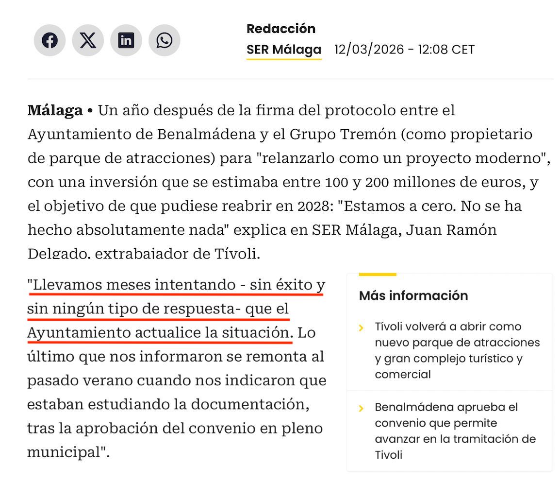 navas_victor's tweet photo. 🎡¡¡¡Un año sin noticias de Tivoli World!!!

💩 El alcalde Lara rompió el consenso sobre la protección de los terrenos del parque de atracciónes y se echó en brazos de Grupo Tremón, quienes querían especular con Tivoli World.

🏗️ Lara prometió a Tremón una recalificación urbanística del 900% -un pelotazo-, toda vez que dejó a los trabajadores abandonados, sin que a día de hoy el propietario se haya reunido con ellos. 

😭Una pena que estemos en manos de tramposos que no tienen otra intención que especular urbanísticamente con los terrenos de Tivoli World. 

👎Y lo peor es que el alcalde Lara lo consiente.

#ElGobiernoDelHumo 
#LaraPP 
#LaraNoCumple 
#Benalmádena #TivoliWorld