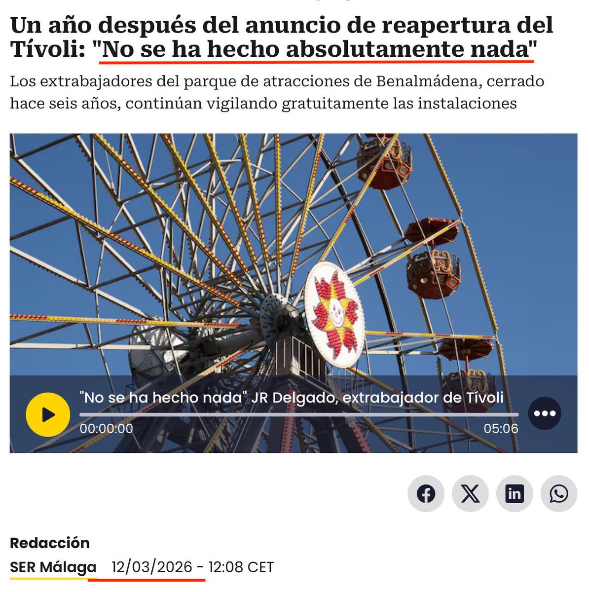 navas_victor's tweet photo. 🎡¡¡¡Un año sin noticias de Tivoli World!!!

💩 El alcalde Lara rompió el consenso sobre la protección de los terrenos del parque de atracciónes y se echó en brazos de Grupo Tremón, quienes querían especular con Tivoli World.

🏗️ Lara prometió a Tremón una recalificación urbanística del 900% -un pelotazo-, toda vez que dejó a los trabajadores abandonados, sin que a día de hoy el propietario se haya reunido con ellos. 

😭Una pena que estemos en manos de tramposos que no tienen otra intención que especular urbanísticamente con los terrenos de Tivoli World. 

👎Y lo peor es que el alcalde Lara lo consiente.

#ElGobiernoDelHumo 
#LaraPP 
#LaraNoCumple 
#Benalmádena #TivoliWorld
