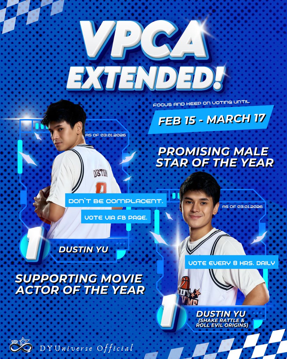 dyu_vt's tweet photo. 𝑫𝑨𝑰𝑳𝒀 𝑭𝑹𝑬𝑬 𝑽𝑶𝑻𝑬𝑺 𝑹𝑬𝑴𝑰𝑵𝑫𝑬𝑹 

Stardusts, just a reminder that VPCA voting has been extended until March 17, so this is not the time to be complacent.

Please make sure you’re still claiming your free votes every 8 hours on the VPCA app and web portal.

Vote for Dustin Yu in the following categories:
📺 Entertainment – TV
🌟 Promising Male Star of the Year
💛 Love Team of the Year (DustBia)

🎬 Entertainment – Movie
🎭 Supporting Movie Actor of the Year (Dustin Yu)
🎥 Movie of the Year (Love You So Bad)

Don’t forget to vote via the VPCA FB page and keep supporting all possible voting platforms.

Let’s stay focused, keep the momentum going, and finish strong until March 17. 

All for Yu. 💙

#DustinYu
#7thVPChoiceAwards
